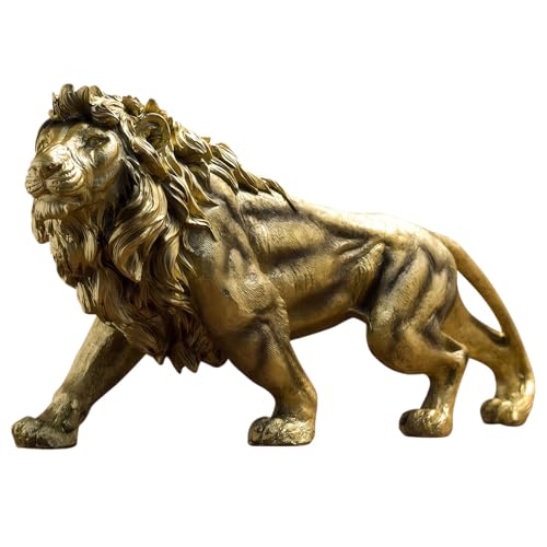 YANTIANCAI Feng Shui Golden Lion Statue for Home Decor - 15.3" Large Walking Lion Sculpture - Antique Gold Resin Figurine for Executive Desk, Fireplace Mantel & Leo Zodiac Gifts (King of the Jungle)
