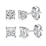 MDFUN Pendientes de tuerca de plata/oro para mujeres y hombres, hipoalergénicos, 2 pares redondos/cuadrados de circonita cúbica 5A+, juego de joyas de 3 a 7 mm, 6mm, Acero inoxidable, Circonia cúbica