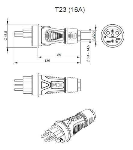 Wtyczka SK 230V/16A IP55 szwajcarski standard T23 czarna - PCE