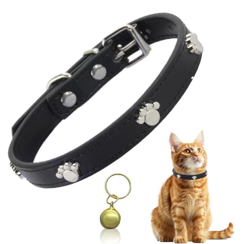 BDEPSTR Leder Katzenhalsband, Sicherheitshalsband für Katzen mit elastischem Gurt, Kätzchen Band mit Glocke, für Kätzchen Welpen Hunde Katzen-Dunkel-XS