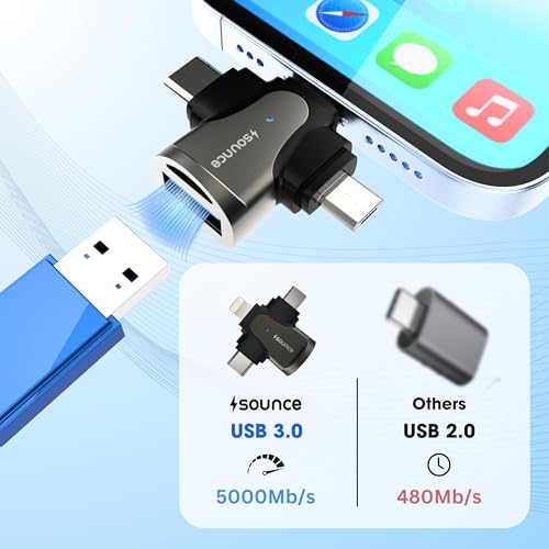 Image of Sounce 4-in-1 OTG Adapter Converter - Multi-Port OTG Hub with Lightning, Type-C, Micro USB & USB 3.0 for iOS, Android, Tablets & More - Fast Data Transfer & Universal Compatibility (Black)