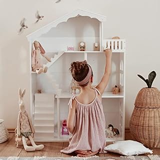 WUHUHAI Dollhouse Bookcase Children Wooden House Bookshelf 3 Tier Kids Book Rack Displays Storage Unit for Bedroom Livingroom Kindergarden