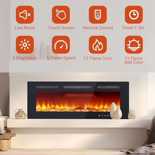 40 Inch Recessed & Wall Mounted Electric Fireplace - Low Noise Heater (750/1500w) with Remote Control, Touch Screen, Timer & Adjustable Flame Color/Brightness for Living Room Bedroom - Image 6