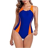 wadyob Women's One Piece Athletic Racerback Swimsuit Fashion Color Splicing Modest Bathing Suit Training Swimwear Blue