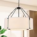 Fanousek Drum Chandeliers, Modern 23'' Farmhouse Pendant Light Fixture with White Linen Fabric Shade, Black Round Adjustable Hanging Lights for Dining Room Bedroom Kitchen Living Room Foyer Entryway