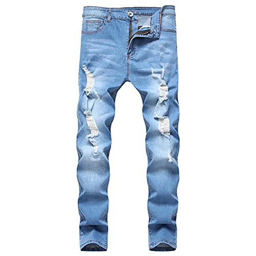 Burr Jeans pour homme Coupe ajustée avec bords déchirés et poches Pantalon de loisirs Pantalon droit Hip Hop Pantalon de moto stretch Denim L bleu clair Cover