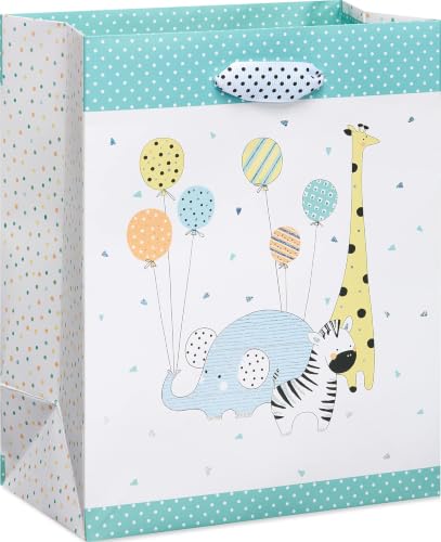 Papyrus 9" Medium Gift Bag- Designed by House of Turnowsky (Zoo Animals with Balloons) for Baby Showers, Baby Sprinkles, New Baby, Baptisms, Christenings and All Baby Occasions (1 Bag)