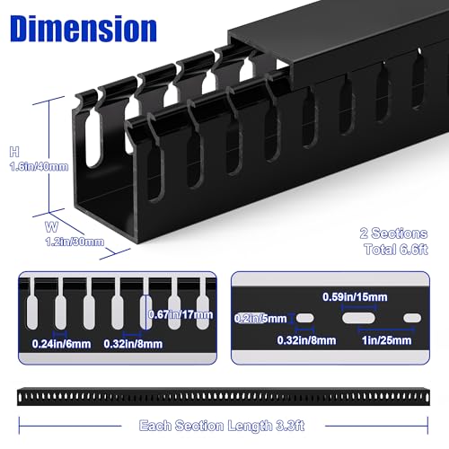 Image of 1.6 inchH x 1.2 inchW Cable Raceway, 6ft Under Desk Wire Management Channel, Black | Slotted Wire Duct, 2 Pack (3 ft Each), Heavy-Duty PVC Cable Management for Server Racks, Network Cables & Electrical Cabinets