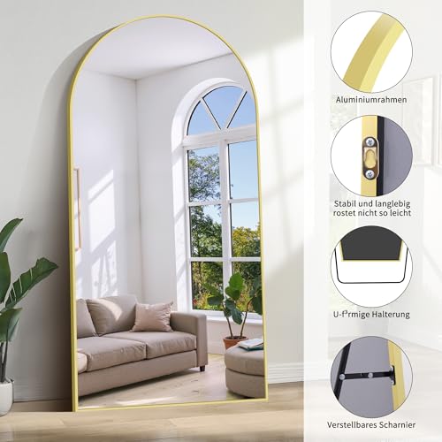 COFENY Bogen Ganzkörperspiegel, 206 × 104 cm Spiegel Groß mit Goldrahmen, Groß Spiegel Wand zum Stehen, Anlehnen oder Hängen, Stand Spiegel für Schlafzimmer, Wohnzimmer