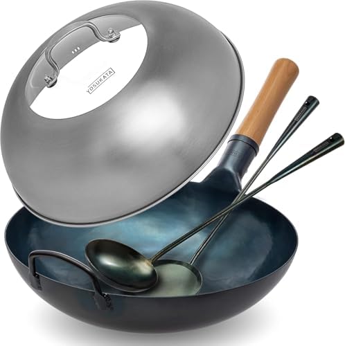 YOSUKATA Carbon Steel Flat Bottom Wok Pan - 13.5" + Wok Lid 12.8 Inch - Cover with Tempered Glass Insert Steam Holes + Blue Carbon Steel 17-inch Spatula, Ladle, 3 pairs Chopsticks - Thumbnail 5