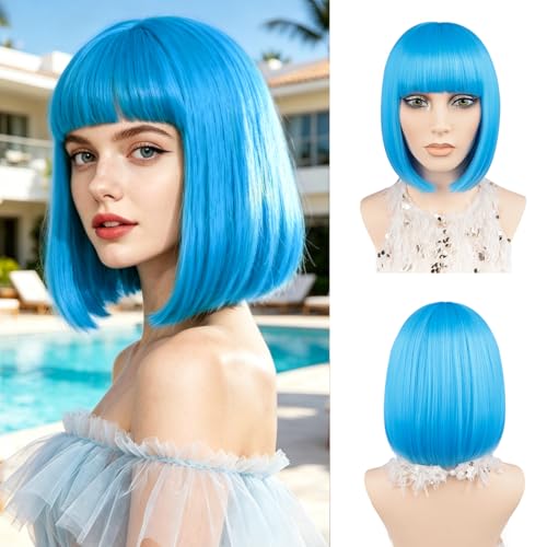JIAMEISI Blaue Bob Perücke mit Pony 30cm Glatte Kurze Bob Perücke Synthetische Farbenfrohe Blaue Perücke für Damen Party Weihnachten Halloween Cosplay Tägliche (Hellblau)