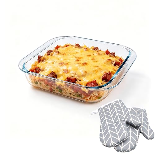 Vitrignis Glass Baking Dish - 2.4Qt Square 9x9 Baking Pan - Baking Pan With Oven Mitts - Glass Baking Dishes For Oven