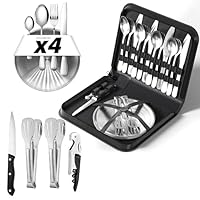 Camping Geschirr 4 Persoen Set, Camping Besteck mit Edelstahl Gabeln, Messer und Löffel, Inklusive Bestecktasche, Tragbares Besteck für Outdoor, Picknick und Grillen