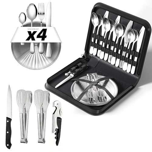 Camping Geschirr 4 Persoen Set, Camping Besteck mit Edelstahl Gabeln, Messer und Löffel, Inklusive Bestecktasche, Tragbares Besteck für Outdoor, Picknick und Grillen