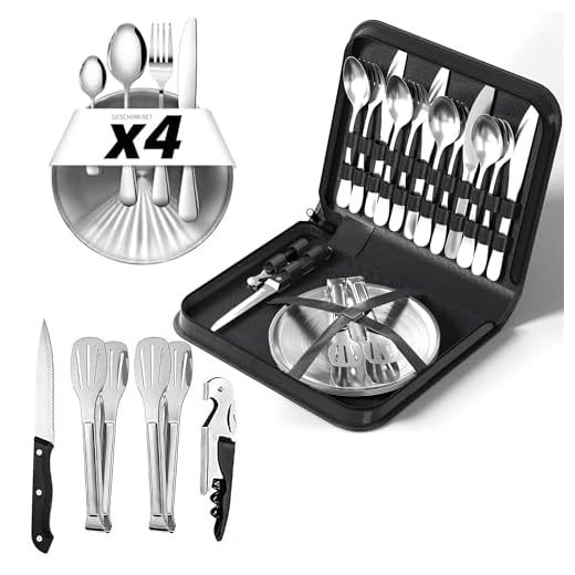Camping Geschirr 4 Persoen Set, Camping Besteck mit Edelstahl Gabeln, Messer und Löffel, Inklusive Bestecktasche, Tragbares Besteck für Outdoor, Picknick und Grillen