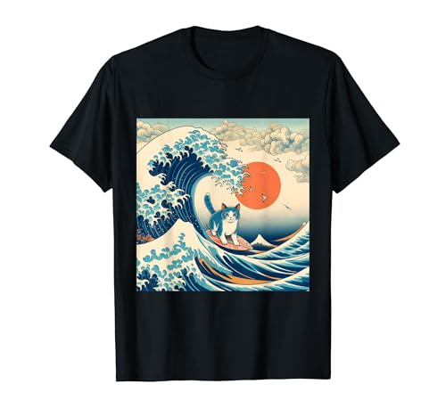 Gato Surfing Hokusai Gran Ola Fuera Kanagawa Japonés Retro Camiseta