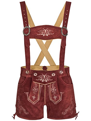 Schöneberger Trachten Couture Damen Lederhose kurz - Trachtenlederhose Bergrose - Trachtenhose Hotpants mit Hosenträger (40, rot)