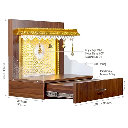 Pooja Mandir en bois avec eclairage LED integre et socle Chowki - 2