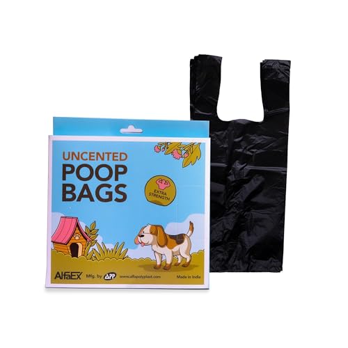 AlfaEx - Bolsas resistentes para excrementos - A prueba de fugas y no se transparentan - Bolsas extra gruesas para residuos de mascotas - Asas fáciles de atar - Sin perfume - Negro - 6 x 4 x 14