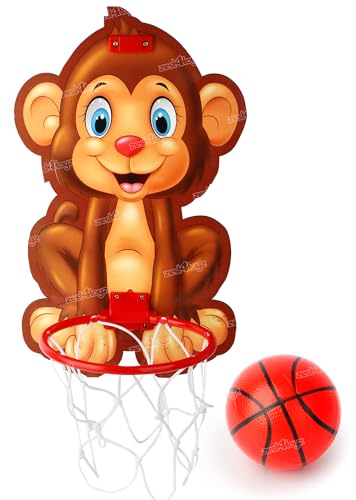 Image of Zest 4 Toyz Monkey Theme Basketball for Kids Game Play Set with Adjustable Wall Mounted Hanging Board & Hoop | Kids Basketball Set