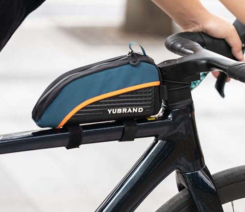 YUBRAND Removable Bike Frame Bag, Top Tube Bike Bag, Compatible With IPhone 16/15/14Pro and Phones Up To 6.9'', Waterproof, 1L, Blue, Geometric Pattern, 8.66 x 4.3 x 3.9 inches