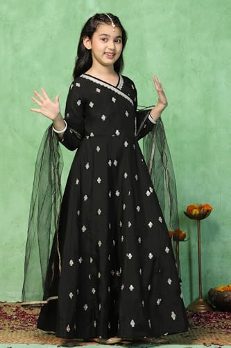 Image of Fashion Dream Girls Chanderi Embroidered Maxi Dress with Dupatta|Ethnic Gown for Kids