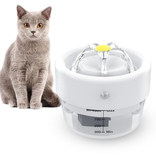 Katzenbrunnen Trinkbrunnen für Katze,1L Katzenbrunnen Kabellos mit 0–3 m/120° Bewegungsmelde, Batteriebetrieben Katzentrinkbrunnen, Leise...