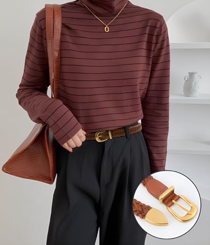 Women's Braid Leather Belt,Skinny Woven Waist Belt with Gold Buckle,Dress and Jeans Belt2