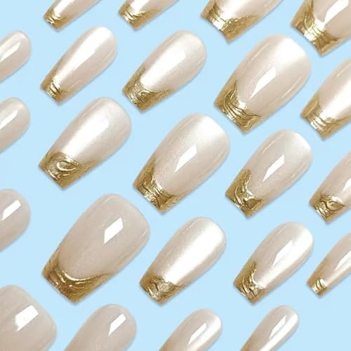 Image of Gold French Tip Press On Nails Square Shape | Nude Glossy Fake Nails with Metallic Chrome Edge Design | Short Medium Stick On Nails Reusable Full Cover Artificial Nails for Women | Reusable Nail Extension For Women With Glue Tab | Long Lasting Glossy Finish Artificial Nails | Easy to Apply Fake Nails for Salon Look at Home | Stick-On Manicure Kit For Parties, Weddings And Gifts | Trendy Nail Art Set for All Occasions (Peach-GoldCatEye)