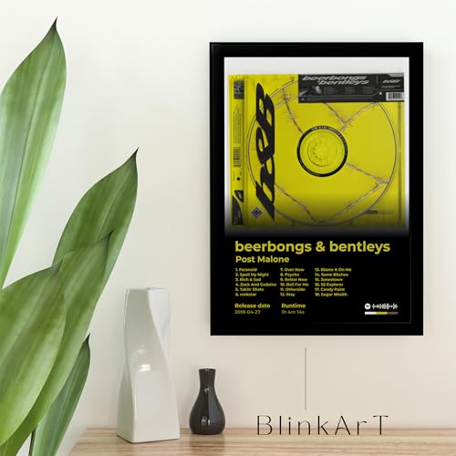 Image of BLINKART Post Malone- beerbongs & bentleys Wall Photo Frames | Wall Art for Bedroom, Living Room, Studio or Office | Album Cover Print with Spotify Song Link QR Code | Gift for Fans - 8x12 In