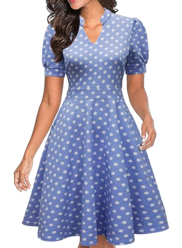 Image of Mokayee Womens Summer Short Puff Sleeve Casual Semi-Formal Fit and Flare Church Wedding Guest Work Dresses with Pockets