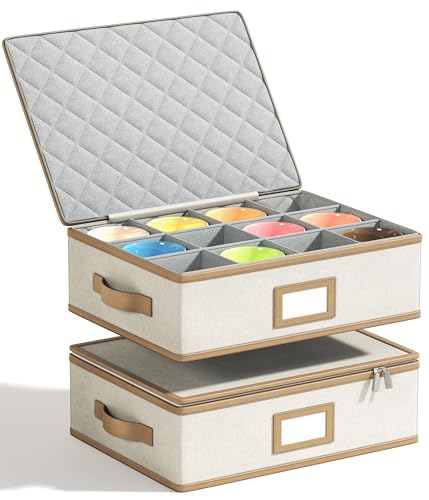 Mug Storage Box, Hard Shell China Organizer with Dividers, Beige, 2 Peice