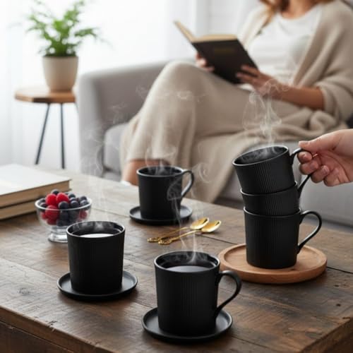 Image of Clay Craft Premium Fine Ceramic Coffee & Tea Mug Set with Elegant Gold Line Rim| Modern Ribbed Black Finish| Durable Build| Stylish Design for Home| Office & Gifting (240 Ml)