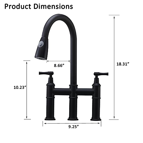Comllen Matte Black Bridge Kitchen Faucet With Pull Down Sprayer, 3 Hole Farmhouse Kitchen Sink Faucet Black 8 Inch 2 Handle Stainless Steel Country Kitchen Faucets For Kitchen Sink #TOP6