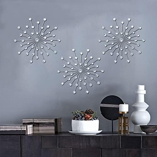 ZEXUIRU 3 Set Silver Metal Jeweled Wall Art Bling Crystal Home Décor Starburst Rhinestone Wall Hanging Diamond Accents