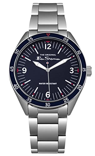 Ben Sherman Mens Watch with Bezel, Navy Blue Dial and Stainless Steel Bracelet, 44mm Diameter Case in Branded Watch Box BS007USM - 2 Year Warranty