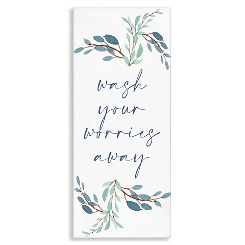Stupell Industries 'Wash Your Worries Away Bathroom Phrase Blue Plants', Canvas Art, 13 x 30 Inches, Easy to Hang and Sturdy, Made in USA, by Kim Allen by Stupell Industries - Used condition - US$42.52