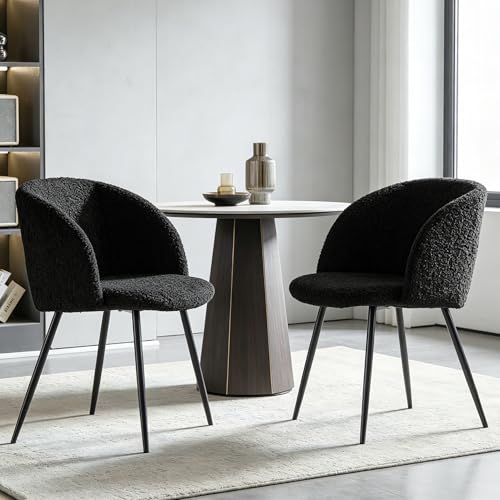 NORDICANA Esszimmerstühle 2er Set Kunstfell Loungesessel Schminktisch Stuhl Küchenstühle Wohnzimmerstuhl Metallbeine Schwarz für Wohnzimmer Esstisch Schminktisch