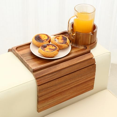 GHKINMAL Couch Cup Holder Tray, Acacia Wood Couch Armrest