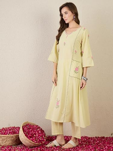 Image of INDO ERA Women's Pure Cotton Floral Embroidered A-Line Kurta & Pant Set (IESTR11298)
