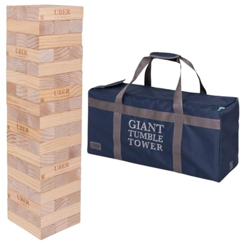 Ubergames Torre gigante tambaleante de hasta 160+ cm XXL Jumbo Hi-Tower en bolsa – 1,6 m (máximo en el juego). Juego de torre de madera de pino macizo - Bloques extra de lujo y bolsa (hasta 160+ cm)