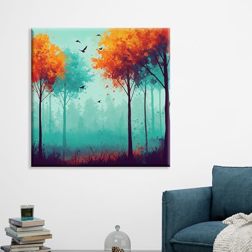 Image of EXSHA Vibrant Autumn Forest Square Canvas Painting|Abstract Colorful Trees Birds for Living Room, Bedroom, Office Decor|Modern Nature Decorative Art Print|Wall Painting for Home Decoration|24x24 Inch