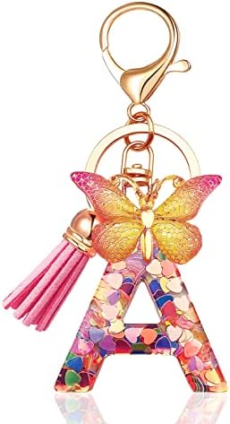 JINGUAZI Initial letter Keychains for Women Tassel Butterfly Pink Cute Car Keychain for Wallet Purses Backpack (Pink A)