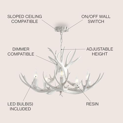 JONATHAN-Y-JYL6300B-Eldora-30-Adjustable-Resin-Antler-5-Light-LED-Chandelier-Glam-RusticCottageTransitional-Dimmable-Dining-Room-Living-Room-Kitchen-Foyer-Bedroom-White