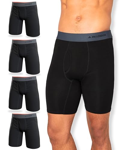 FM London Calzoncillos de Hombre Boxer, Pack de 4 - Boxer Largos para Hombre de Bambú Supersuaves, Transpirables y Antirrozaduras, con Abertura Frontal