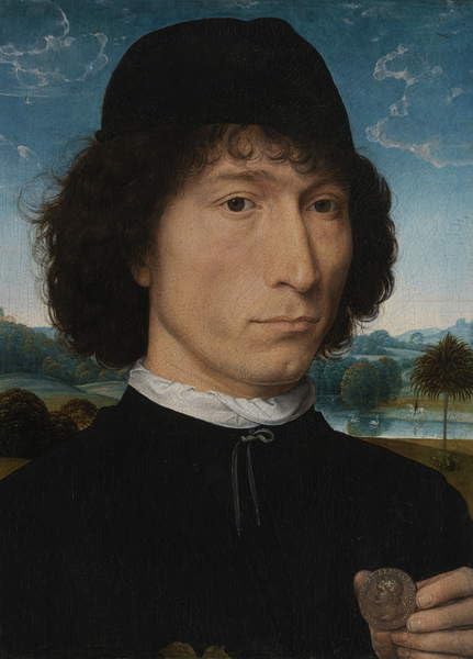 Pared impresiones lienzo Hans Memling Hombre con Moneda para Pared Vacía