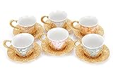 taza para cafe turco Material y tamaño: el juego de 6 piezas para servir té y café producido a partir de porcelana y metal. Material de buena calidad utilizado para producir este producto, por lo que es duradero y la elección perfecta.
