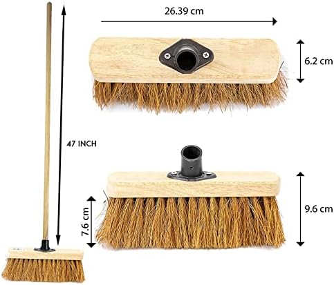 10 Soft Broom Indoor with Wooden Handle Natural Coco Bristles Sweeping Brush with Durable Support Bracket for Cleaning Any Surface Wooden Floor Decking and Paving Slabs (Pack of 1)