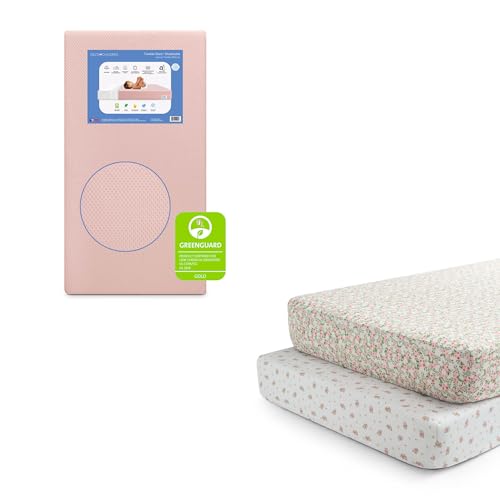 Image of Delta Children Twinkle Stars Breathable Baby Bed Crib Mattress and Toddler Mattress, Pink + Delta Children Fitted Crib Sheets for Girls and Boys (Pack of 2), Pink Floral (Bundle)