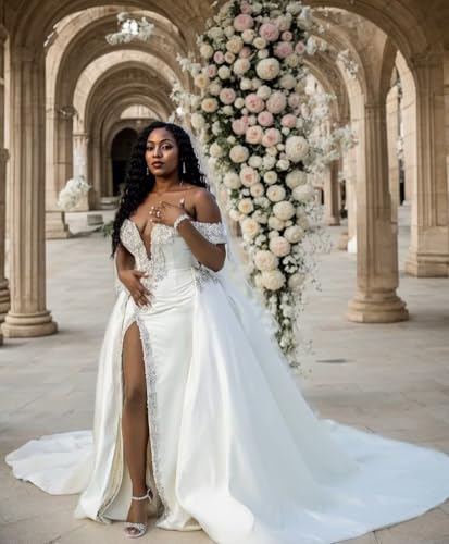 Off Shoulder Crystals Beaded Wedding Dress Mermaid Satin Long Slit Wedding Gown with Detachable Train ZDH044